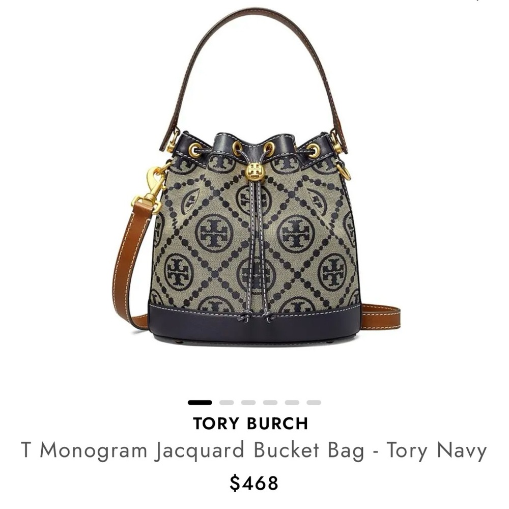 Tory Burch Navy and Brown Monogram Jacquard Bucket Bag